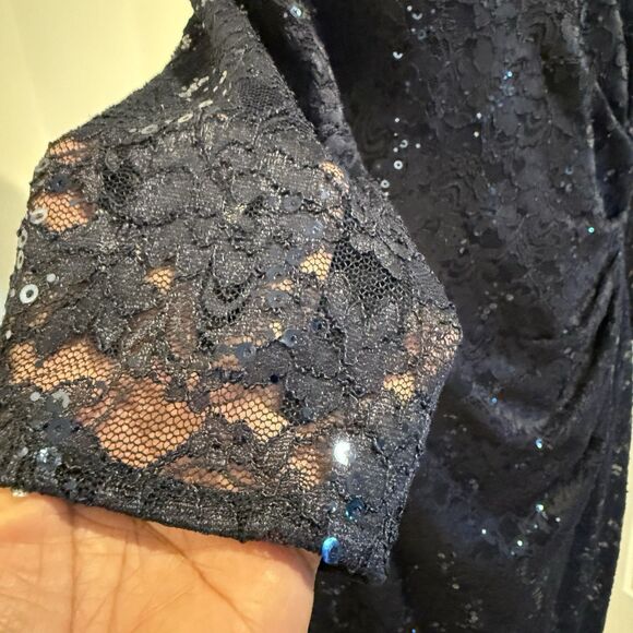 Ralph Lauren‎ Blue Midi Long Sleeves dress lace and sequins sz 14 Ruched Waist - Picture 4 of 9